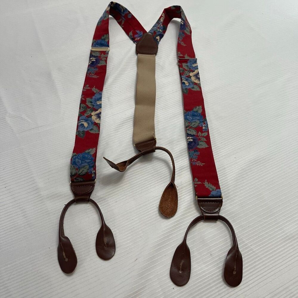 CAS Red Floral Vintage Brown Leather Germany Suspenders Braces